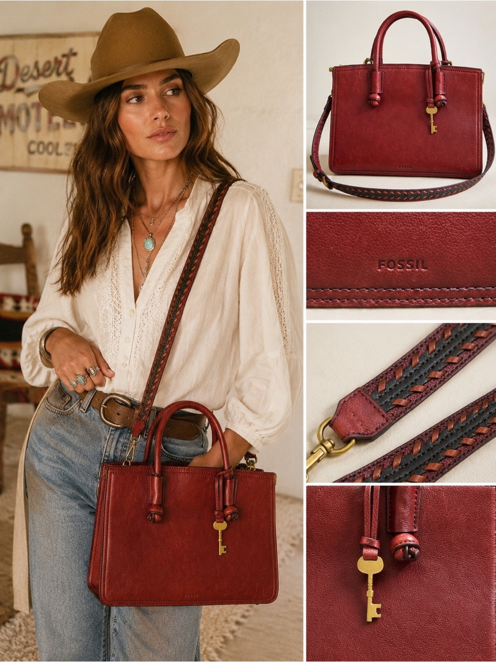 Fossil Genuine Leather Satchel | Burgundy Pebbled Leather | Brass key Charm - Picture 11 of 11